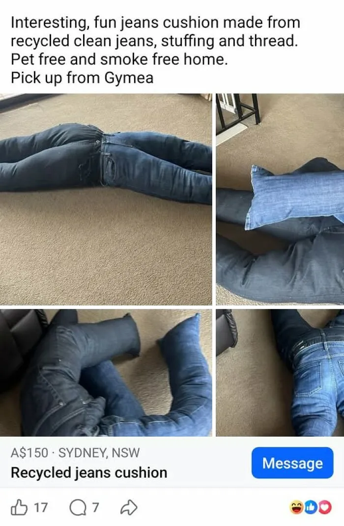 A cushion made of recycled blue jeans shaped like stuffed human legs, showing weird crafts and art projects