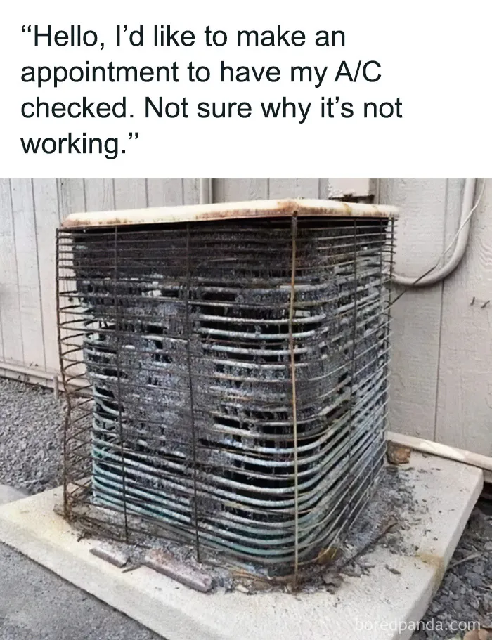 Severely damaged outdoor AC unit highlighting funny cringe construction fails memes.