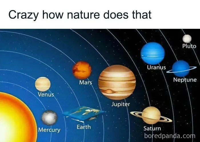 Solar system diagram with a flat Earth included in a series of amusing physics posts.
