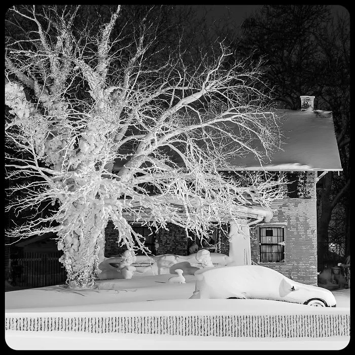 Snow-covered house and car captured in a stunning black-and-white photo
