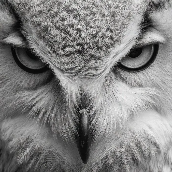Close-up black-and-white photo of an owl's intense eyes, featured in the Exposure One Awards.