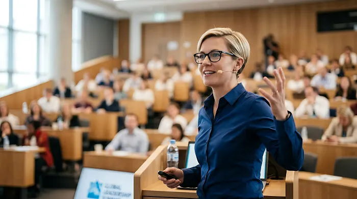 Woman giving lecture to audience about obvious lies in education