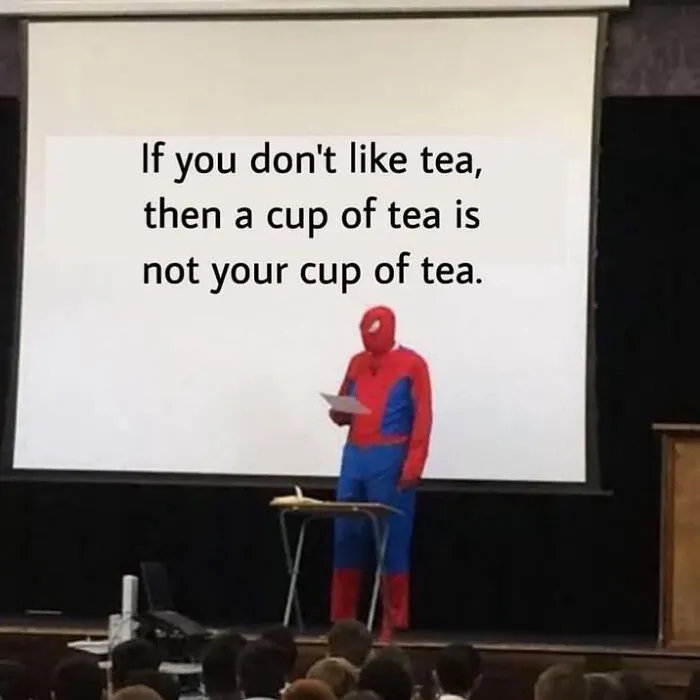 Meme with Spider-Man presenting about a cup of tea, technically correct meme