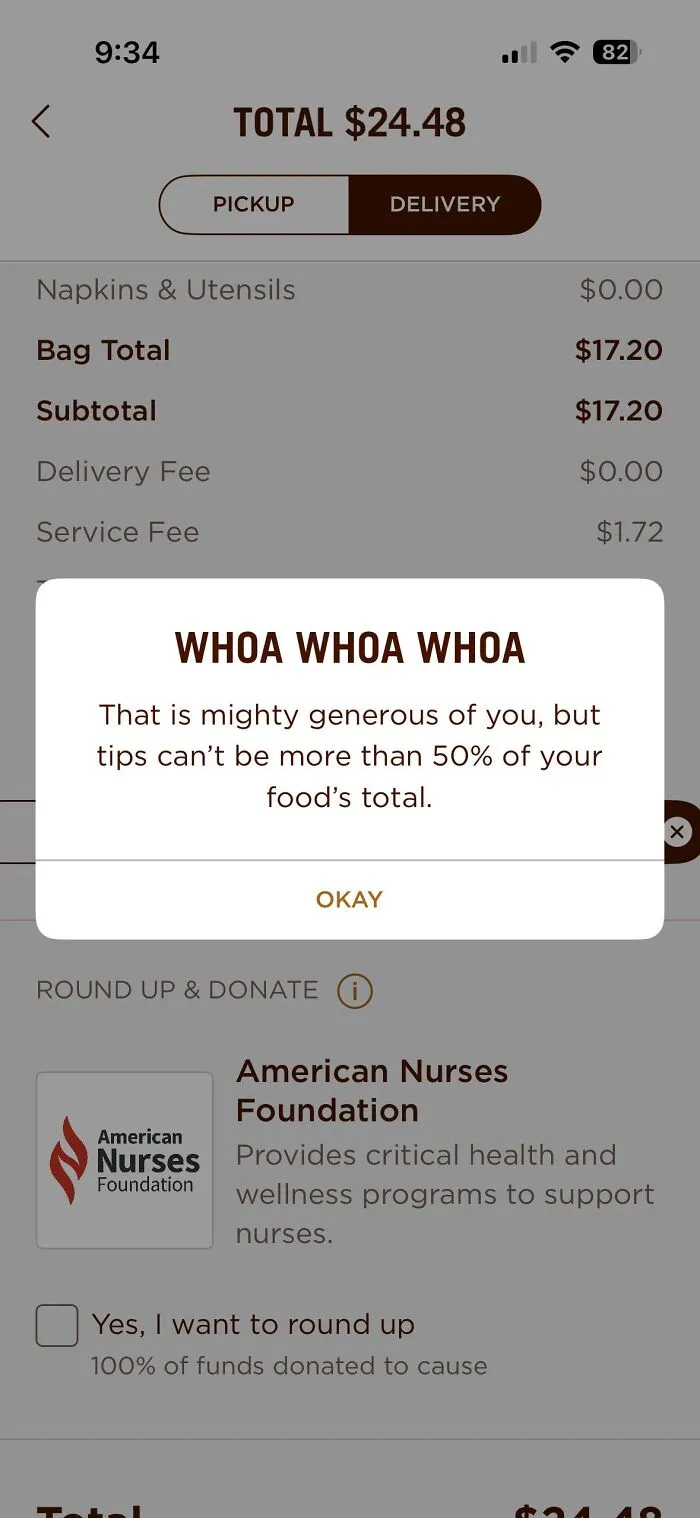 A delivery app pop-up error message blocking a large tip, displaying one of many absurd moments.