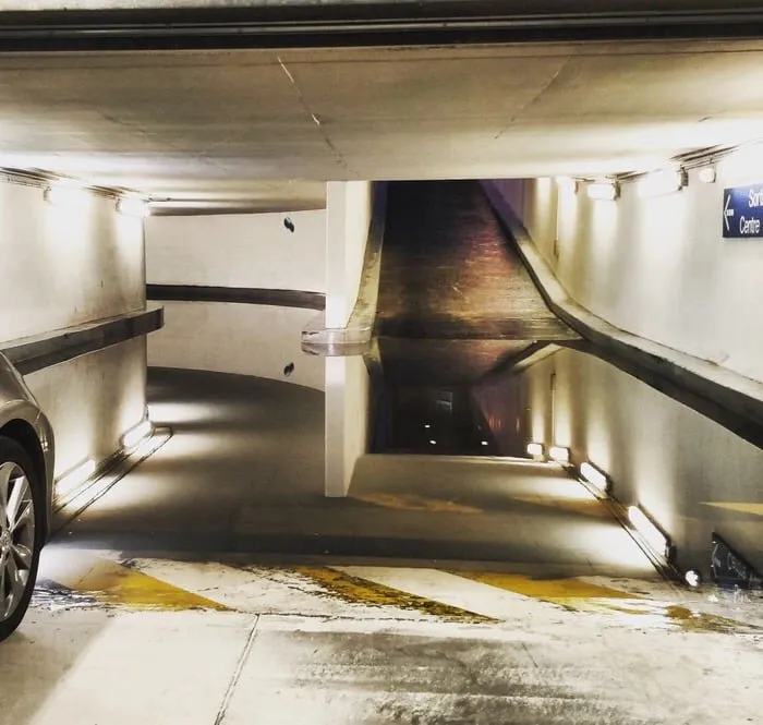 A flooded underground parking garage creating an optical illusion, perfectly confusing photos.