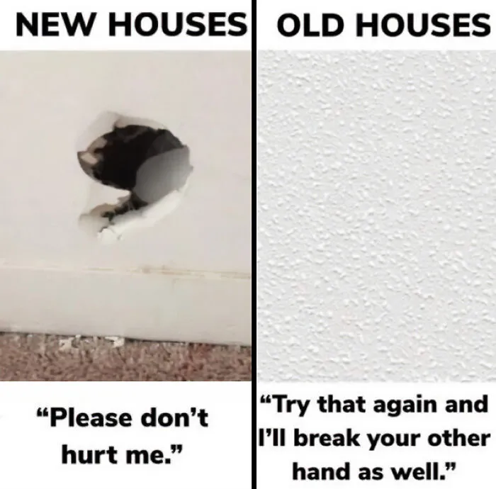A construction fails meme comparing weak drywall in new houses to tough plaster walls in old houses.