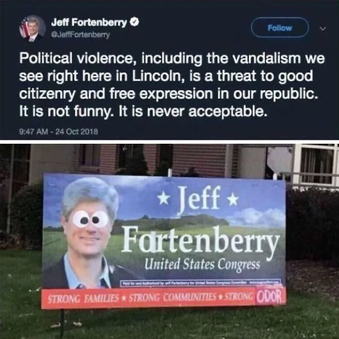 Funny acts of vandalism with a political billboard modified with googly eyes and altered name