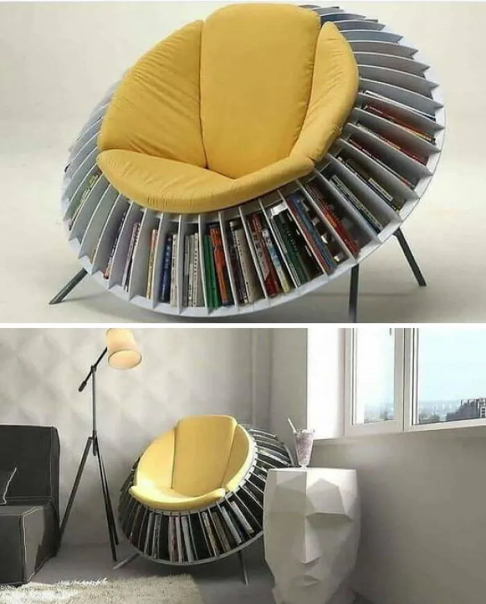 Yellow round armchair with built-in bookshelf, showing an eccentric interior design concept.