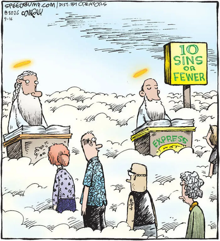 A Speed Bump comic showing an express line in heaven with a sign reading 10 Sins or Fewer.