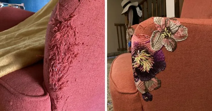 Before and after repair of a torn pink armchair armrest using floral embroidery creativity to save money.