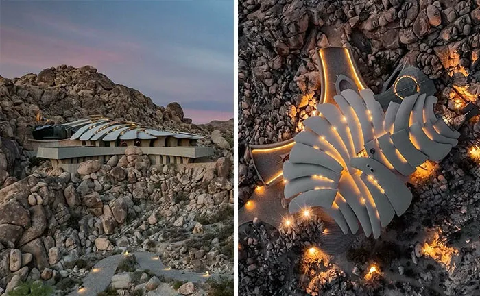 Desert home built into rocky landscape demonstrating organic architectural masterpieces and unique housing design