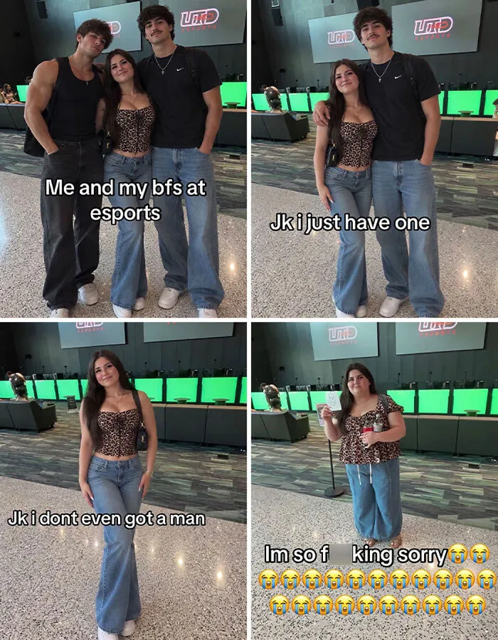 Four-panel TikTok trend meme illustrating funny transformations from an edited photo to the original unedited shot
