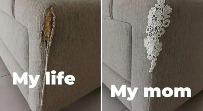 Before and after comparison of a torn sofa armrest repaired with decorative floral lace embroidery