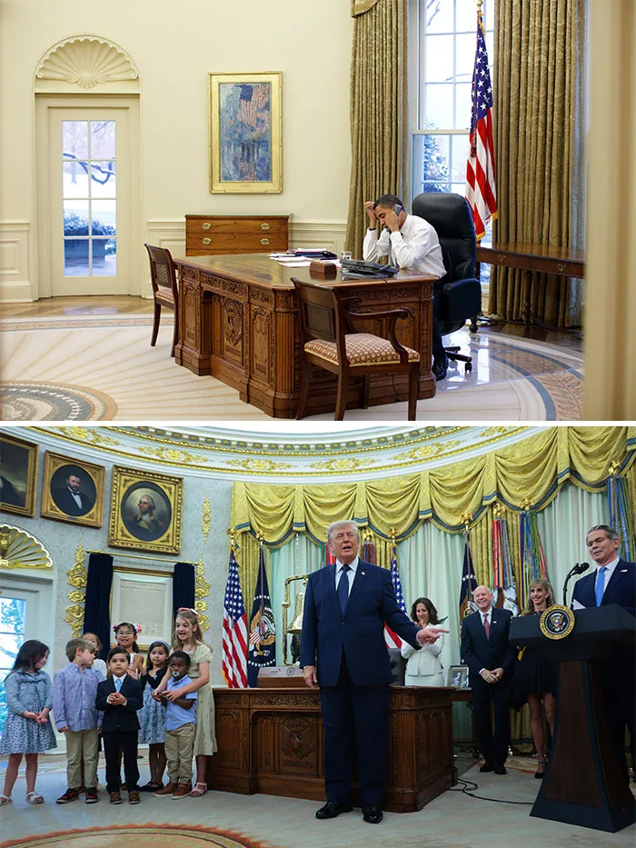 Comparison of Obama and Trump hosting visitors inside the Oval Office.