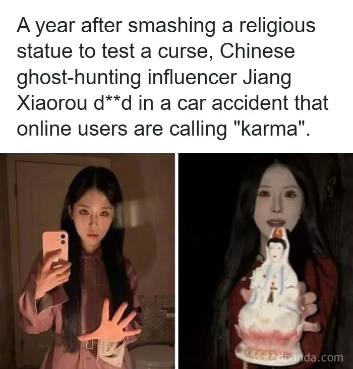 Chinese ghost-hunting influencer Jiang Xiaorou, highlighting creepy facts and news stories.