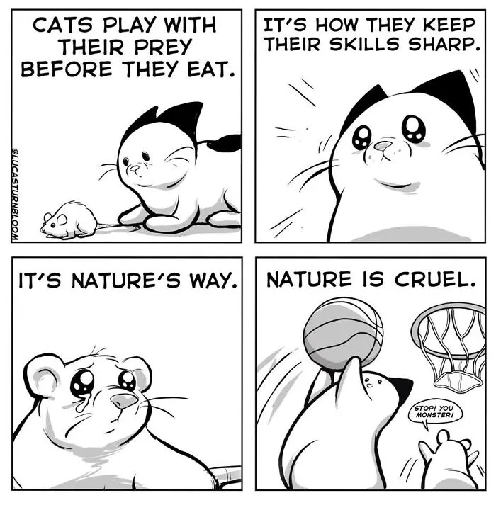 Relatable cat behaviors comic by Lucas Turnbloom depicting a cat playing basketball before eating a mouse prey.
