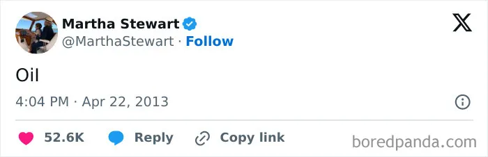 Martha Stewart tweet that simply says Oil, highlighting funny celebrity social media fails.