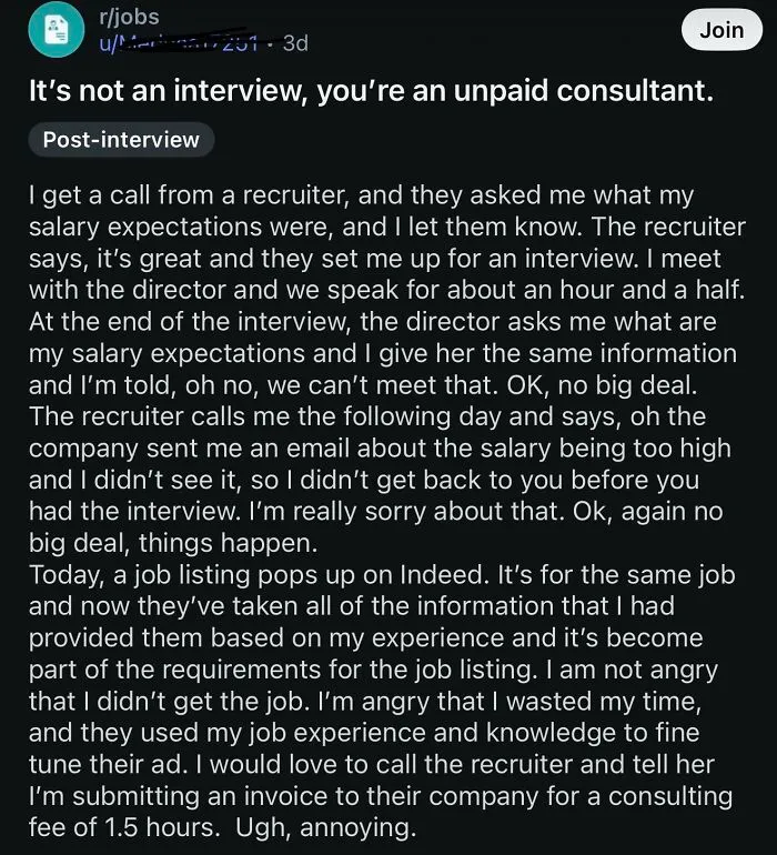Reddit post about unpaid consulting and salary expectations in job interviews
