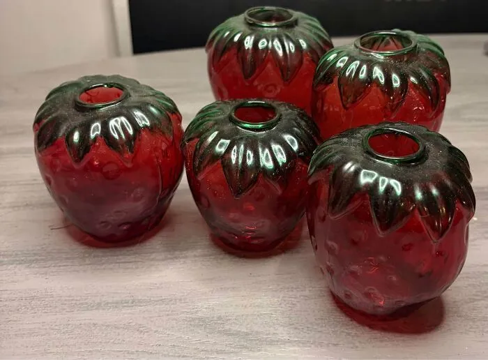 Five red glass strawberry shaped jars thrift store find