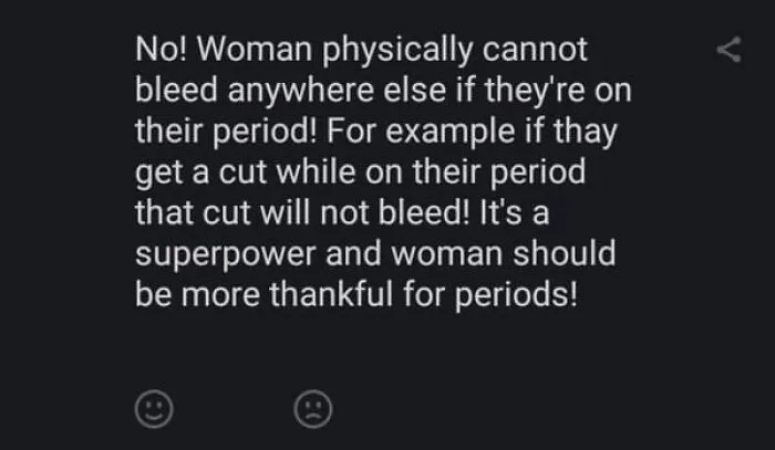 Text post highlighting wrong takes on female anatomy regarding periods and bleeding.