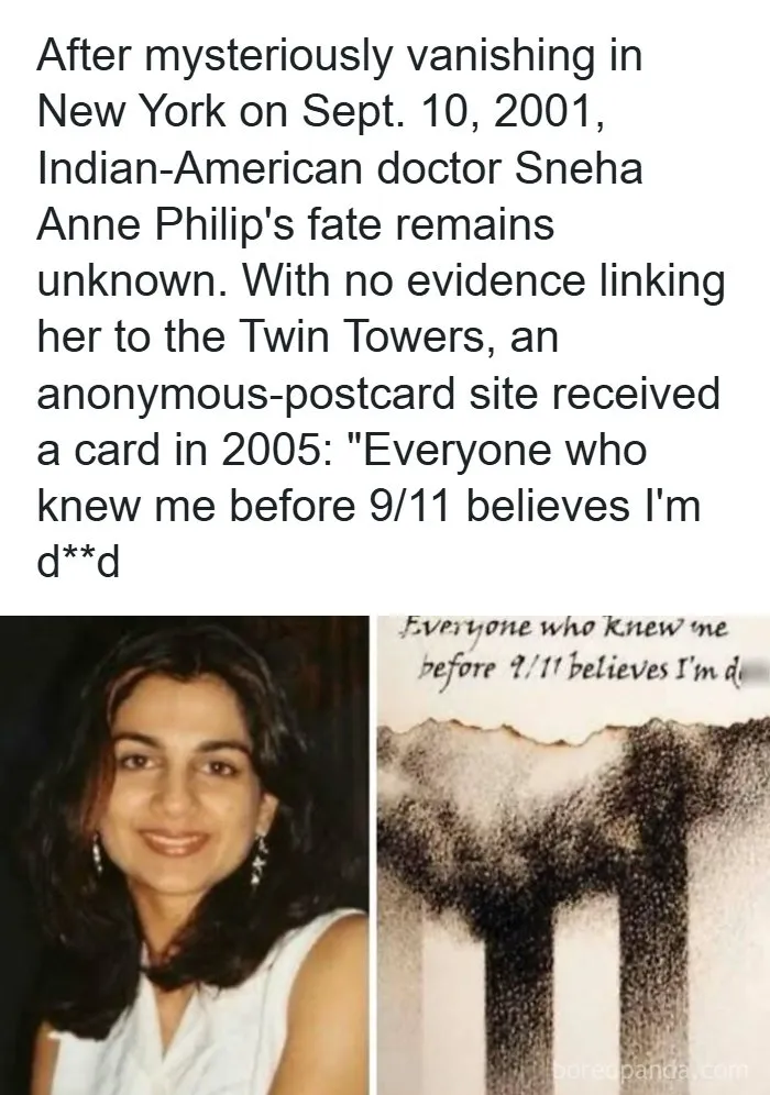 A portrait of Dr. Sneha Anne Philip beside a postcard, highlighting creepy facts about her disappearance