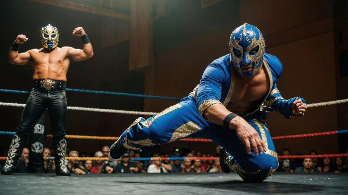 Masked luchador wrestlers in action in the wrestling ring