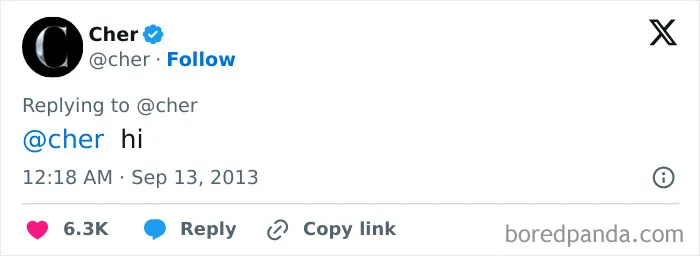 A post by Cher replying to herself, showing one of many funny celebrity social media fails.