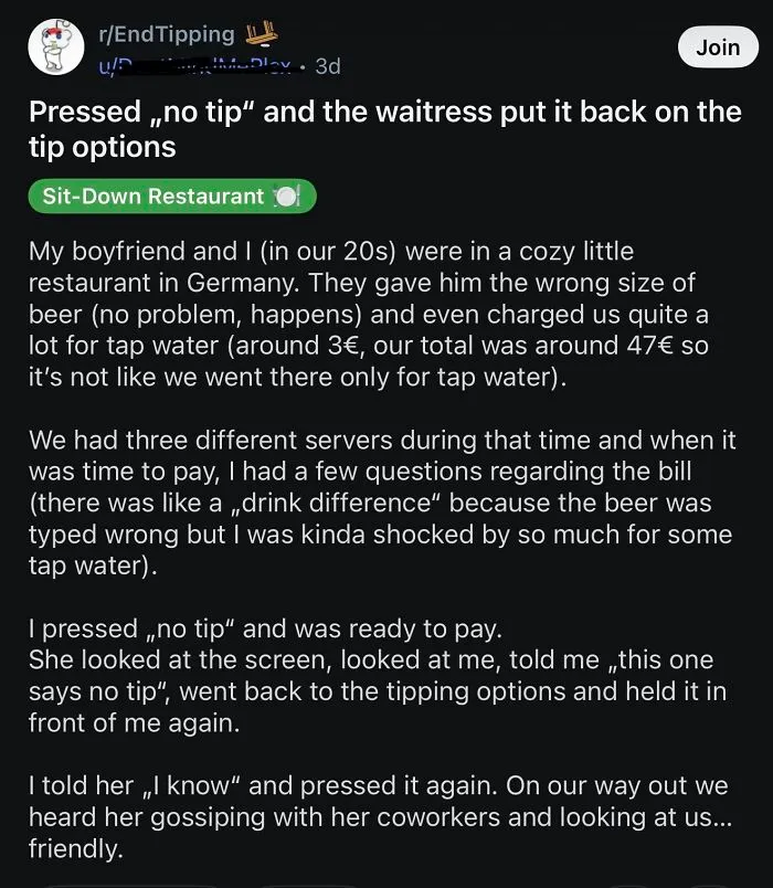 Financial dystopia post about tipping experience at a German restaurant