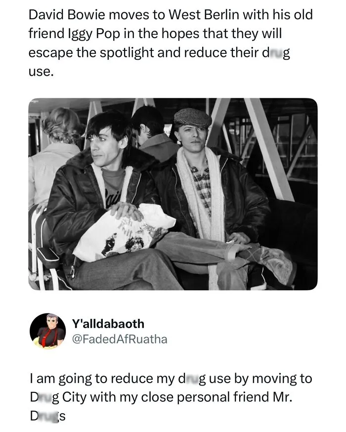 Funny memes showing David Bowie and Iggy Pop with a humorous comment about reducing drug use