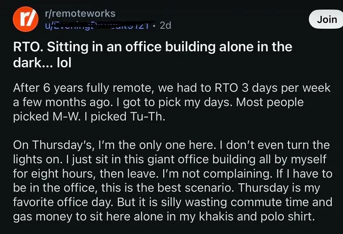 Financial dystopia post describing returning to office after remote work