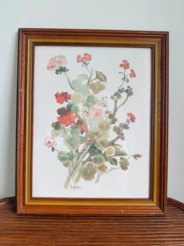 Framed floral watercolor painting thrift store finds decoration