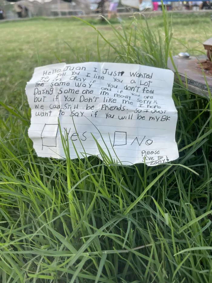 Crumpled handwritten crush note with check boxes lying in the grass, a typical found paper message.