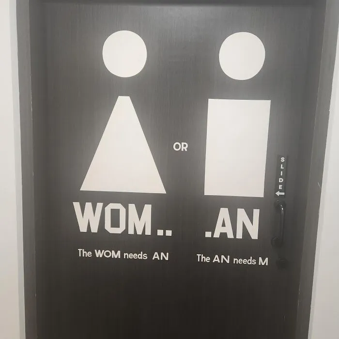 A door with absurd signs attempting to explain restroom symbols awkwardly.
