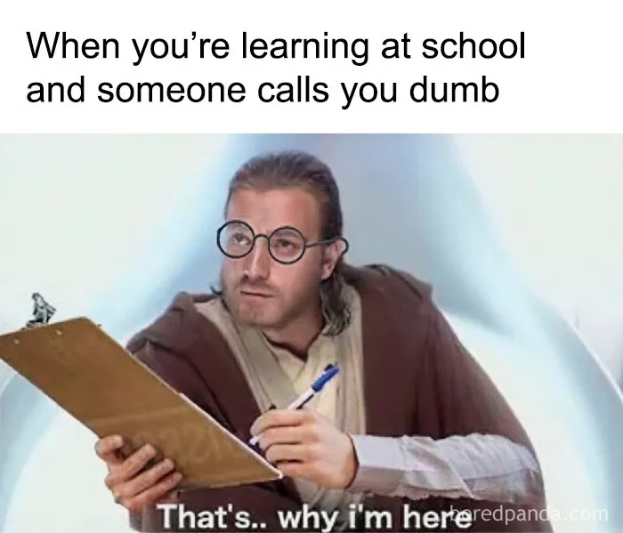 Meme about learning at school with a funny dumb comment and glasses