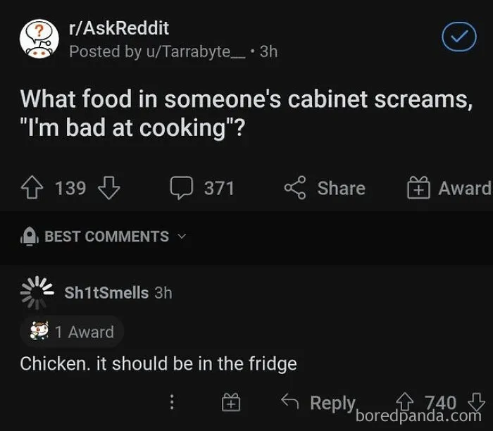Reddit meme about food in the cabinet indicating bad cooking with chicken comment