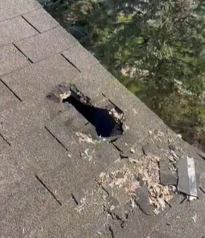 A large gaping hole in a shingled roof, a clear example of things went wrong pics with home maintenance.