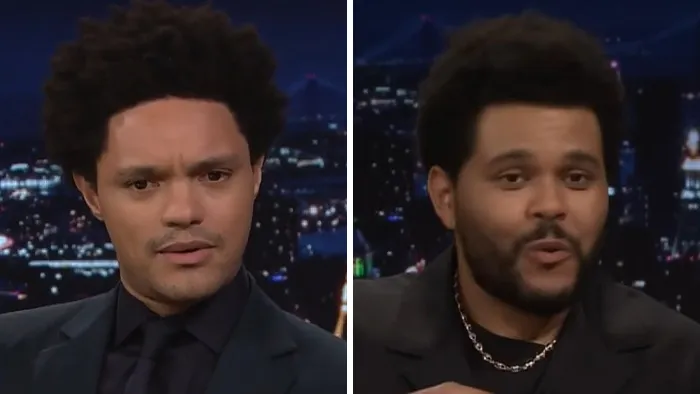 Celebrity lookalikes Trevor Noah and The Weeknd pictured side-by-side with similar afro hairstyles