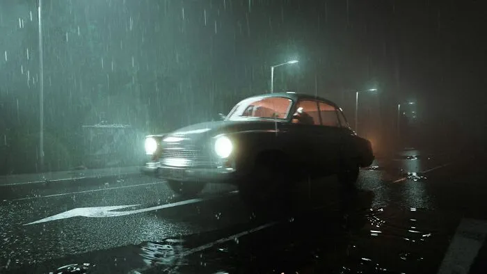 Vintage car driving down a dark road in heavy rain, setting a mood for scariest true stories.