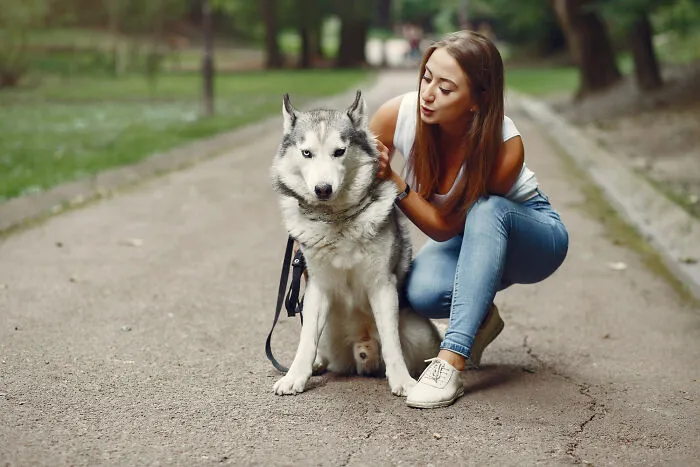 A woman crouching next to her husky dog on a pathway, a scene reminiscent of scariest true stories.