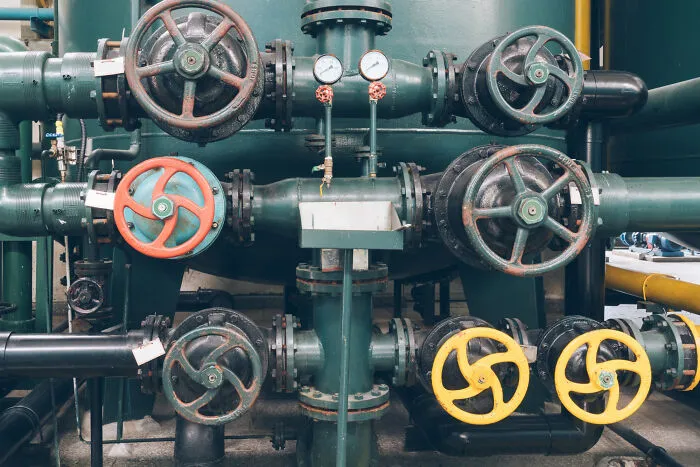 An intricate industrial pipe system with colorful valve wheels, a mysterious setting for scariest true stories