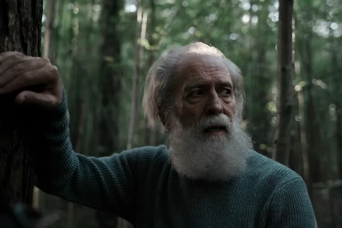 A worried elderly man with a long white beard in a dark forest, reminiscent of scariest true stories