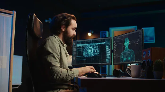 A programmer coding on dual monitors, reminiscent of scariest true stories about AI taking control.