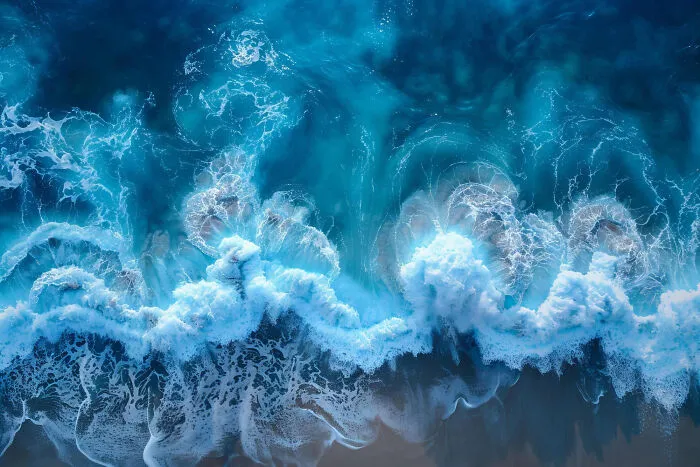 Powerful ocean waves crashing from an aerial view, setting a scene for chilling stories.