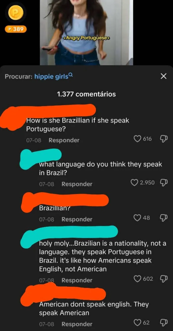 A online conversation showcasing confusion over languages spoken in Brazil, demonstrating freedom of speech.