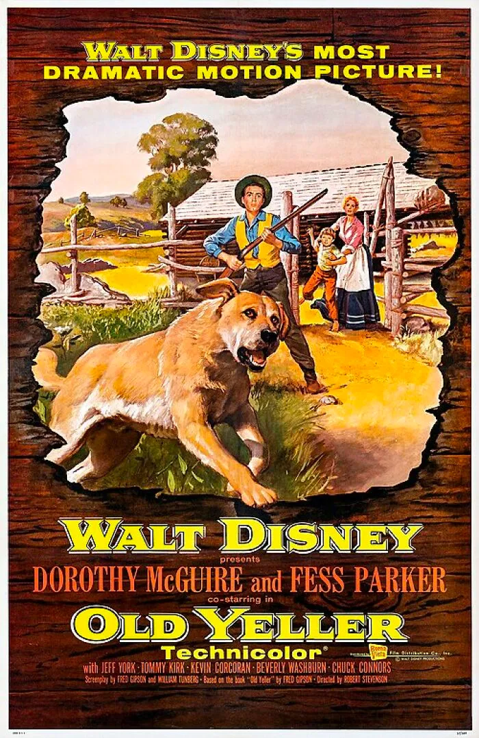 Vintage poster of the classic movie Old Yeller, bringing nostalgia and quick-fire jokes to mind.