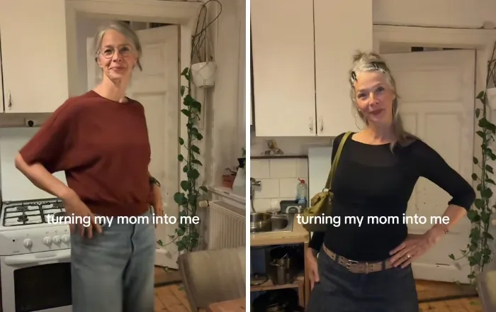 A split screen showing an elegant mother makeover from a rust-colored top to a fitted black long sleeve.
