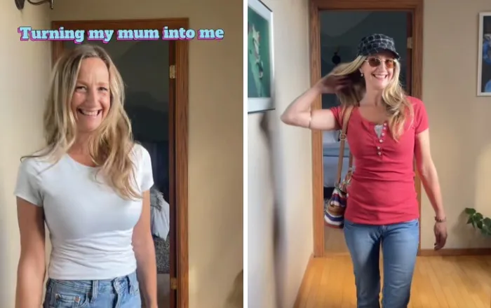 Mother makeovers showing a mom before and after wearing a casual red top, jeans, and a cap