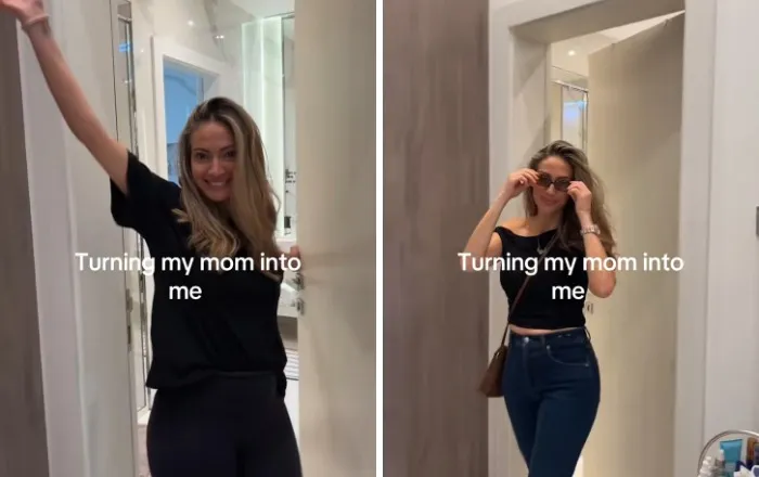 Mother makeovers featuring a mom in a black t-shirt and then in a stylish off-the-shoulder top with jeans