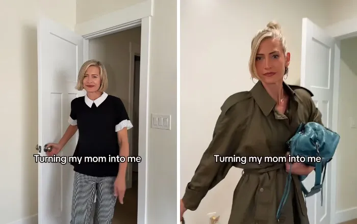 Mother makeovers showing a mom posing in a black and white top and then in a trendy olive trench coat