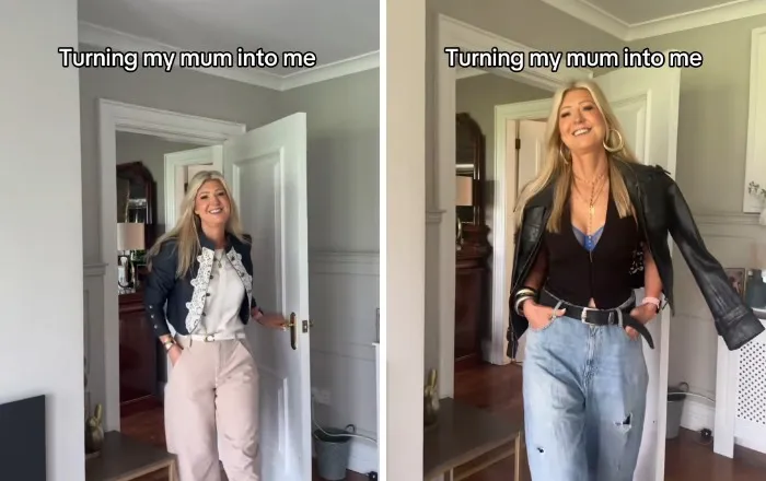 Mother makeovers with a mom before and after wearing a chic black top with a leather jacket and light jeans